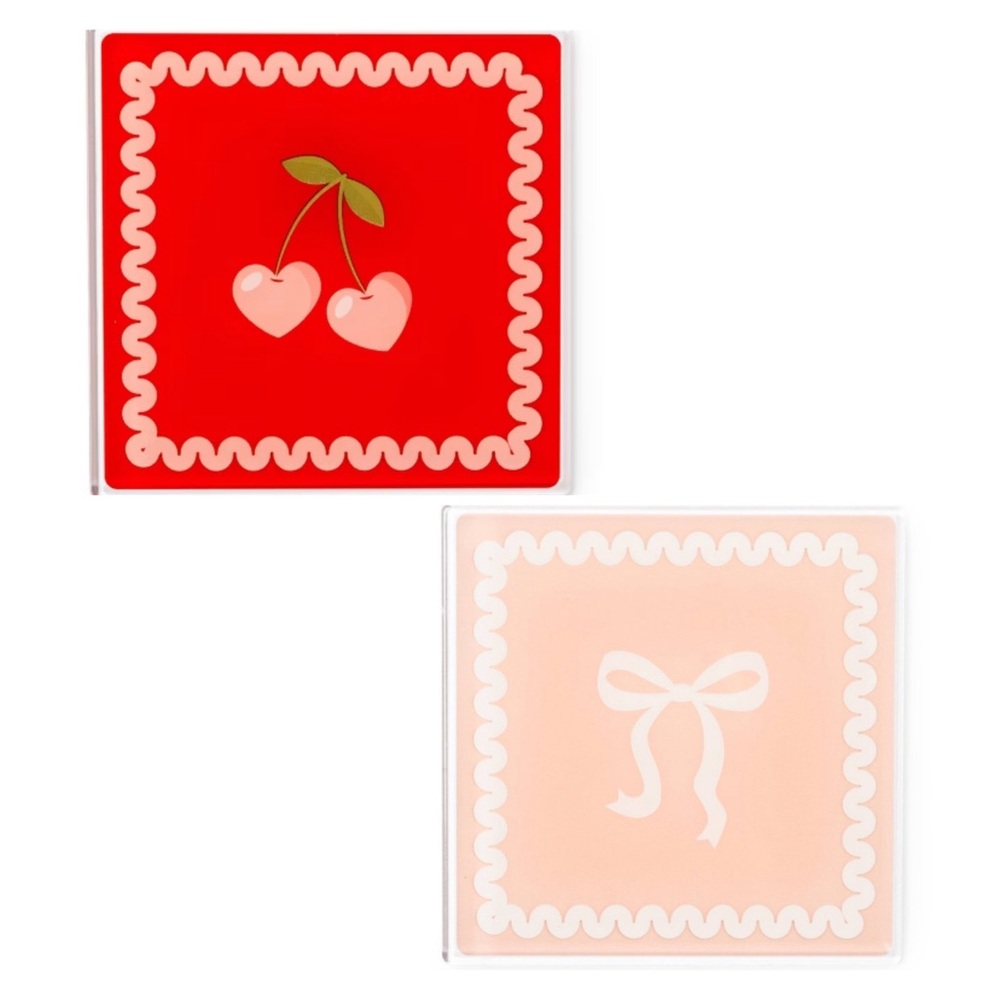NWT! Set of 2 Target Bulleyes Valentines Coaster - Cherrys & Bows 🍒🎀♥️